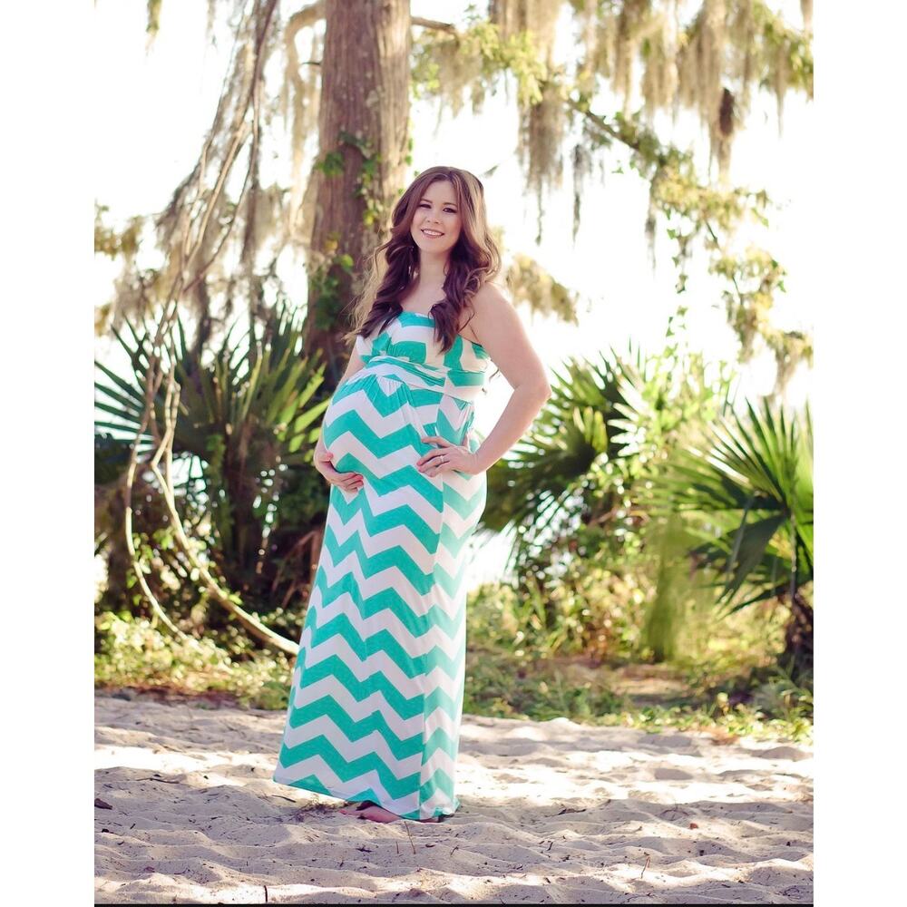 Pinkblush Maternity Teal and White Chevron Maxi Dress Pockets Size Large